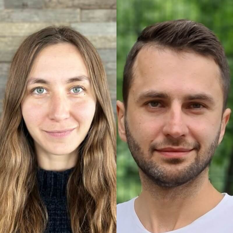 A side-by-side close-up image of a woman with long brown hair and a man with short brown hair, both looking at the camera with neutral expressions. This photo encapsulates the poised anticipation for Spryker EXCITE 2024.