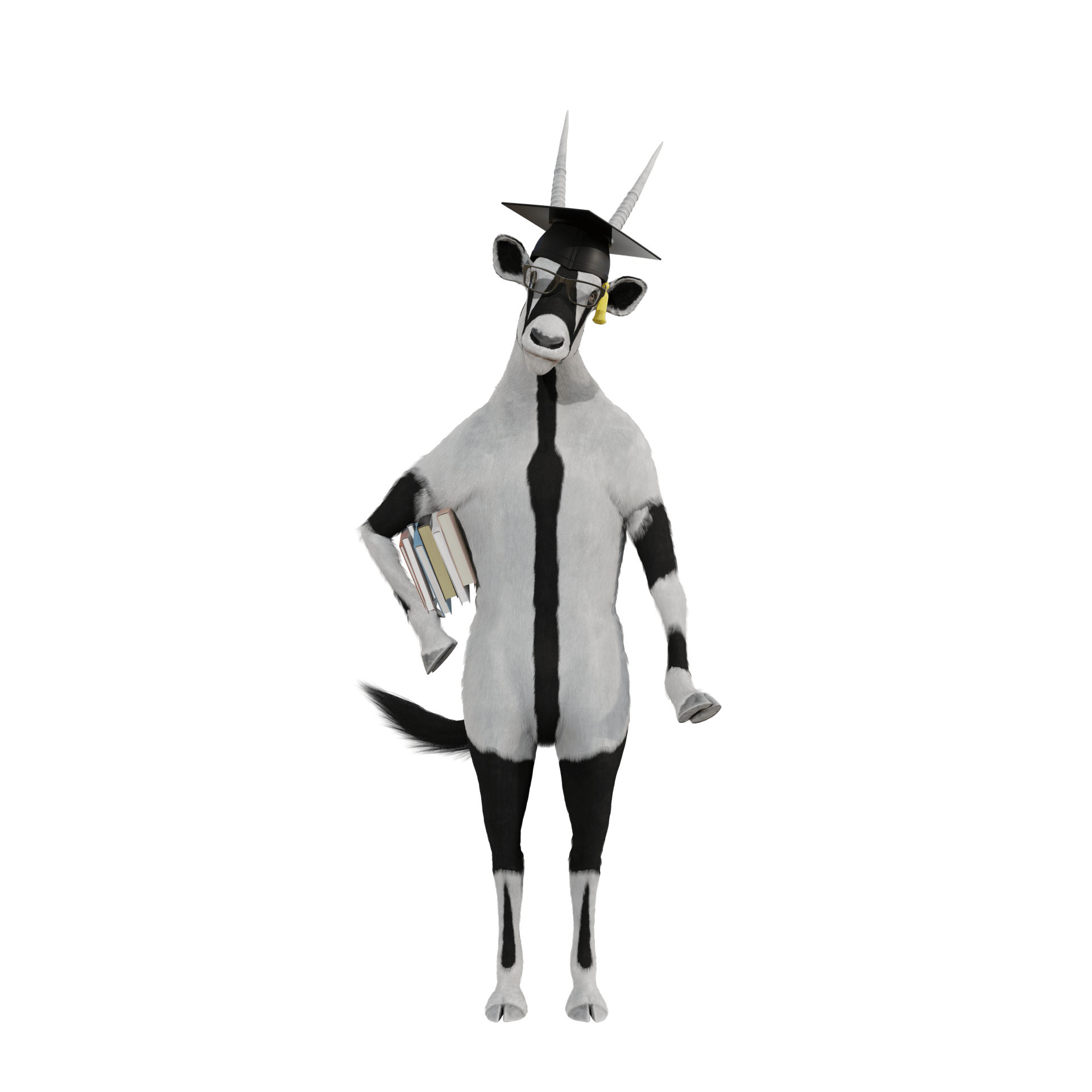 A black and white cartoon-style goat stands upright on two legs, wearing round glasses and a graduation cap. It holds a stack of books in one arm and gestures with the other hand.