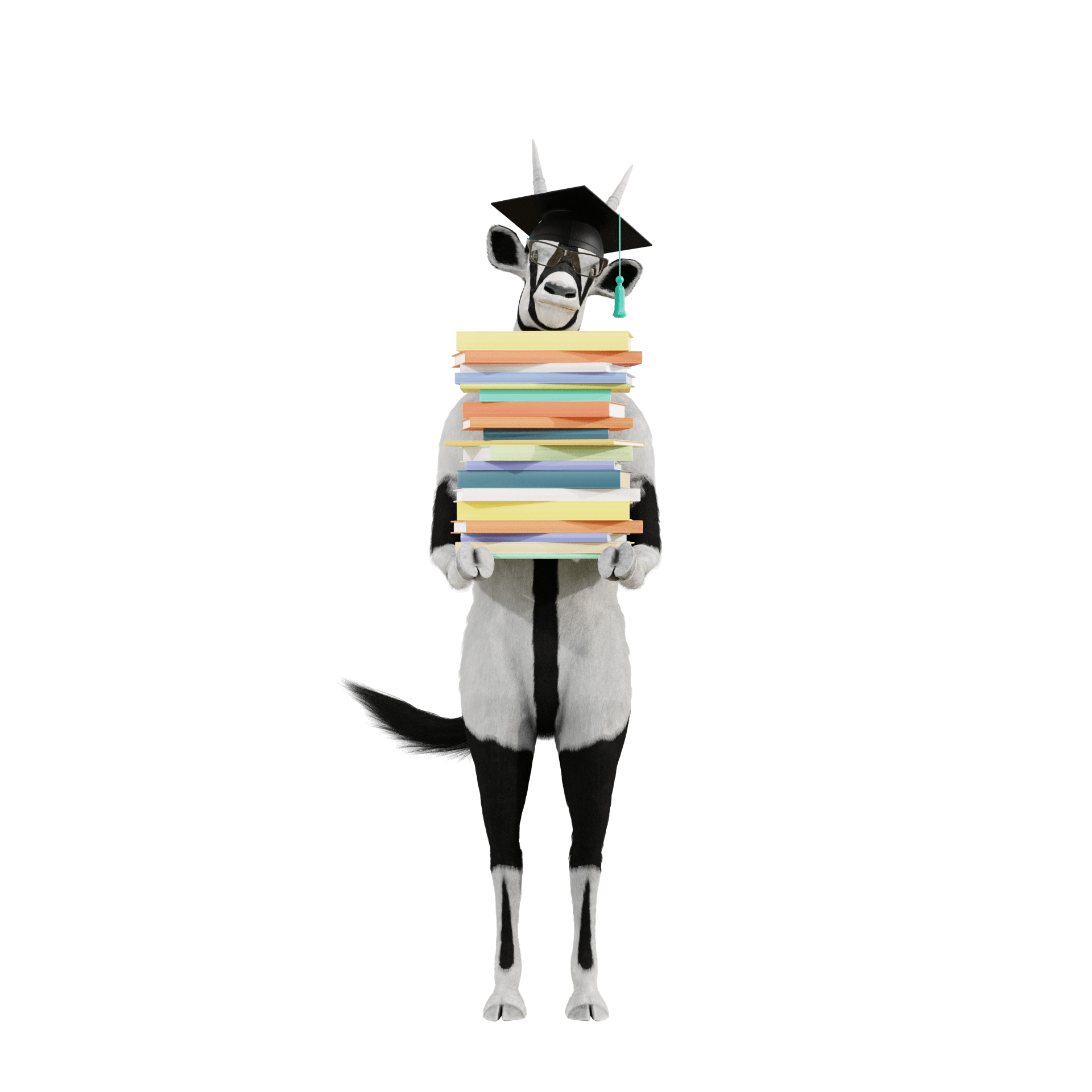 A cartoon goat wearing a graduation cap and glasses stands upright, holding a large stack of colorful books in its arms.