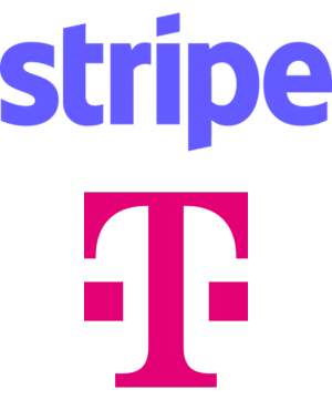 Logos of Stripe (top in blue text) and T-Mobile (bottom with the pink "T" symbol), placed vertically on a transparent background, are featured prominently at Spryker EXCITE 2024.