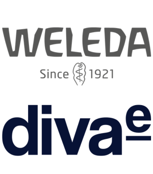 Logos of two companies: Weleda, featuring "Since 1921" below its name, and diva-e. Both logos are presented on a plain background, reminiscent of the clarity expected at Spryker EXCITE 2024.