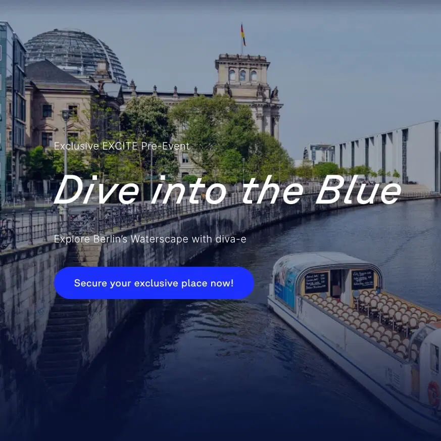 Promotional image for an event titled "Dive into the Blue," featuring a boat on a river in Berlin with the Reichstag building in the background. A button invites users to secure their place at Spryker EXCITE 2024.