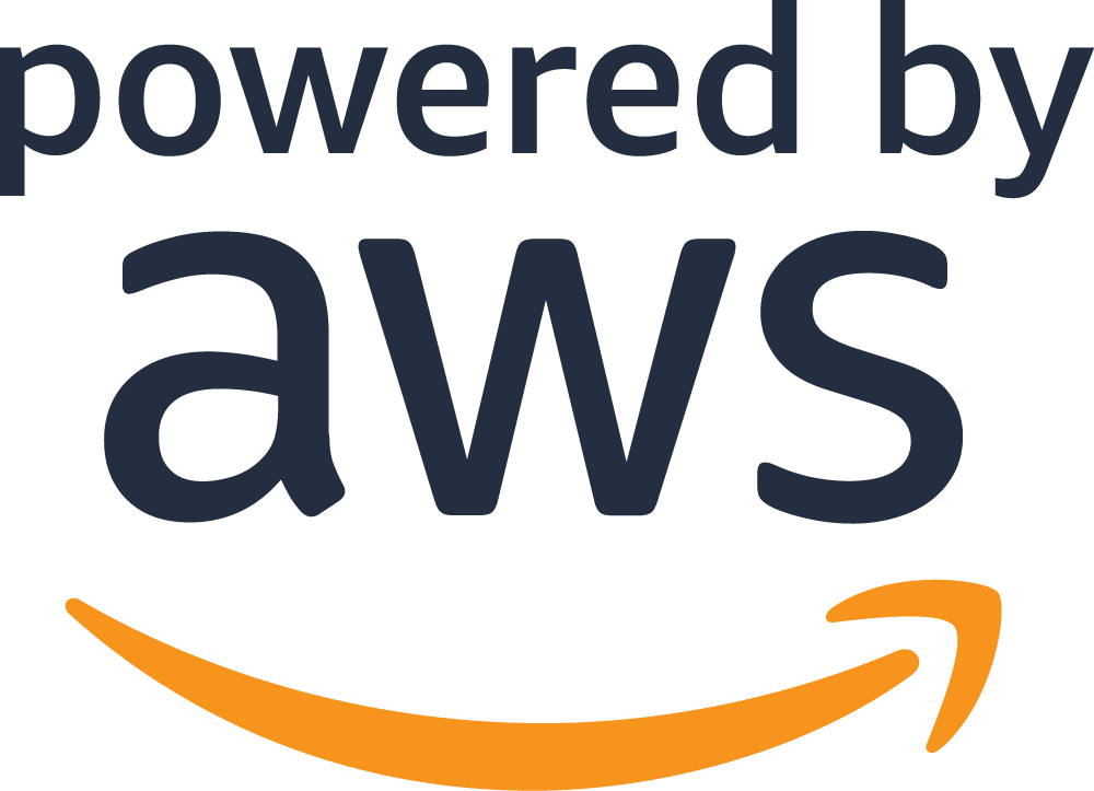 The image features the text "powered by aws" in a dark blue font. Below the text is the signature Amazon smile logo, an orange curved arrow pointing from the letter "a" to the letter "s" in "aws.