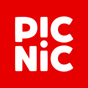 Text logo reading "PIC NIC" in bold, black uppercase letters on a bright red background. The text is arranged in two lines with "PIC" on the top and "NIC" on the bottom.