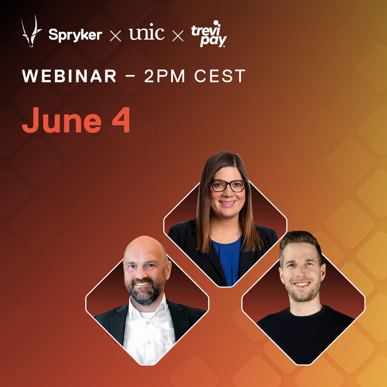 Webinar announcement for June 4th at 2 PM CEST, featuring logos of Spryker, Unic, and Trevipay at the top. Below, it shows three speakers – a woman in the center and two men on either side, all smiling against a gradient orange and yellow background.