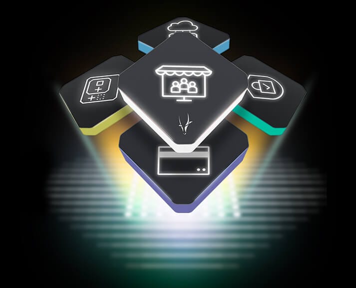A digital graphic featuring five 3D hexagonal icons with a spotlight effect. The icons include a cloud, an online store, a mobile device, a computer screen, and a calculator. They are arranged in a circular pattern on a dark background.