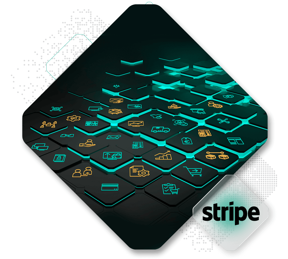 A digital illustration featuring a grid of hexagonal tiles. Each tile contains an icon representing various industries and services, such as shopping carts, medical symbols, and shipping trucks. The Stripe logo is displayed in the bottom right corner, with a gradient background.