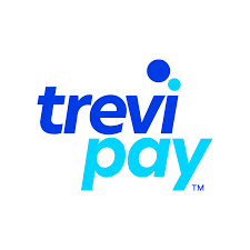 Logo of TreviPay. The text "trevi" is in bold, dark blue lowercase letters with a dot over the "v," and "pay" is in bold, light blue lowercase letters. The background is white.