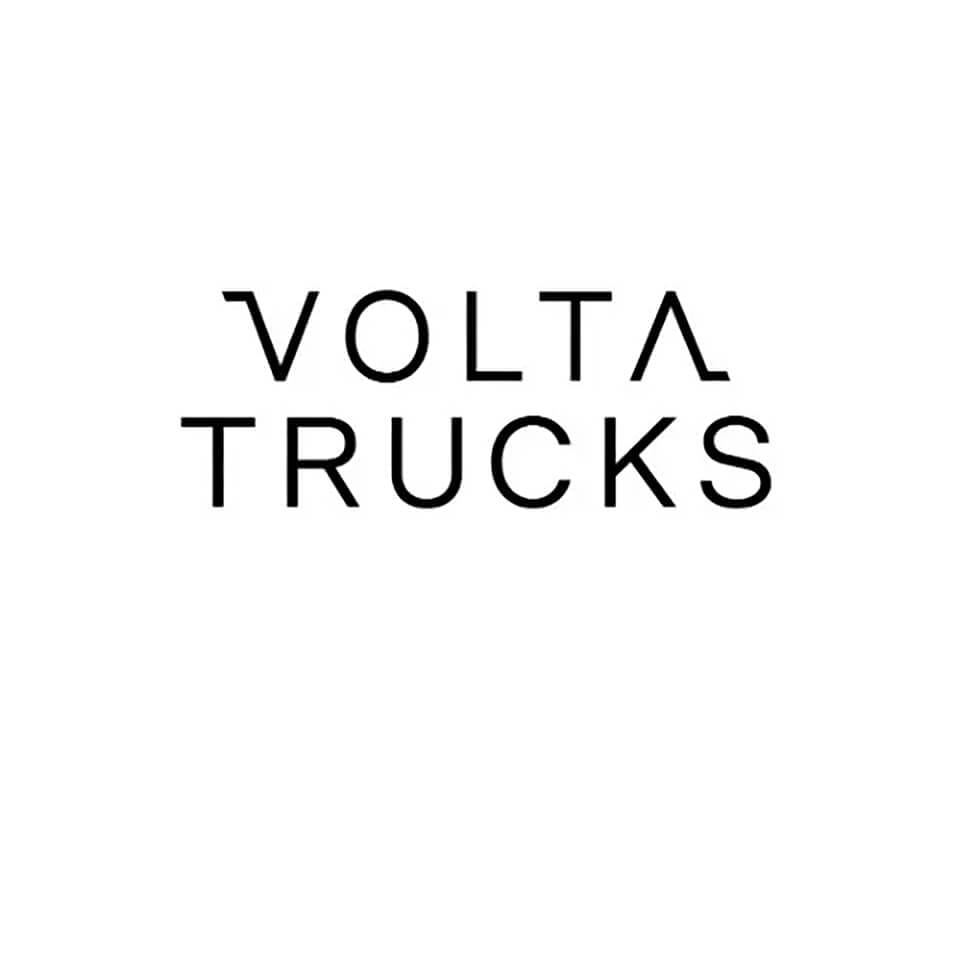 The image displays the logo of Volta Trucks, featuring the company's name written in uppercase black letters on a white background. The font is modern and clean, with distinctive designs for the letters "V" and "A".