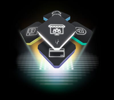 A glowing, abstract representation of interconnected B2B ecommerce technology icons, including a store, cloud, and device symbols, against a dark background.