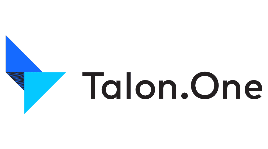 The Talon.One logo, showcased prominently at DMEXCO 2024, features black text reading "Talon.One" next to a geometric design of two overlapping blue triangles.