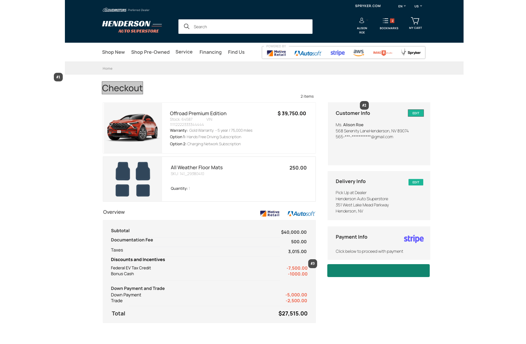 Screenshot of an online car dealership checkout page, showcasing advanced commerce solutions for automotive purchases. It includes a detailed pricing breakdown, selected car accessories, customer and delivery information, and various payment options to ensure a seamless buying experience.