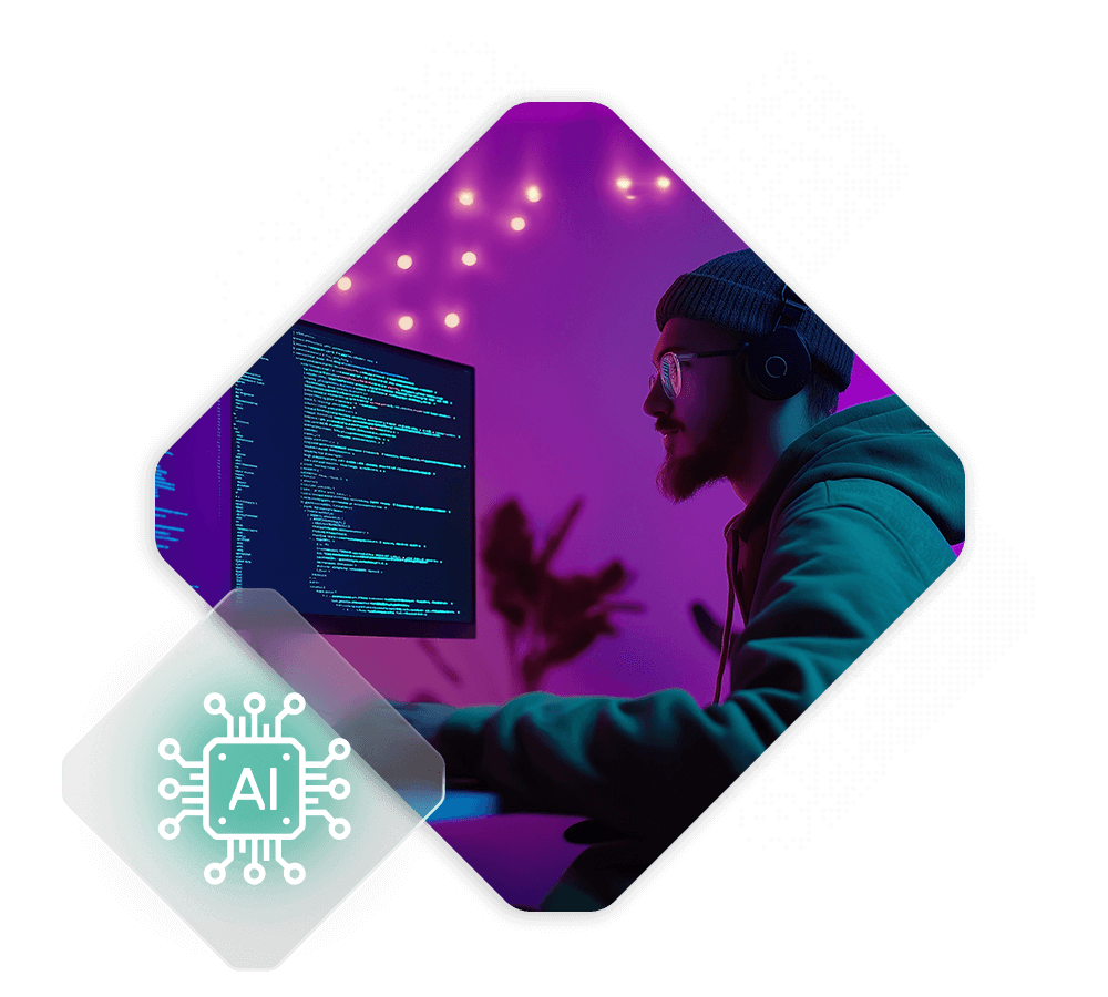 A person wearing headphones works on a computer with code displayed on the screen, immersed in the latest Spryker product release. The background is lit with purple lights, and an AI chip icon is visible in the foreground.