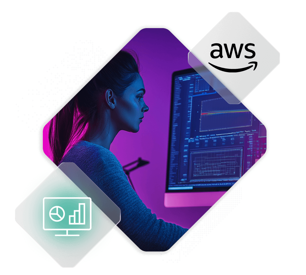 A person is analyzing graphs on a computer screen as the AWS logo subtly graces the top corner, perhaps anticipating insights from a recent Spryker product release.