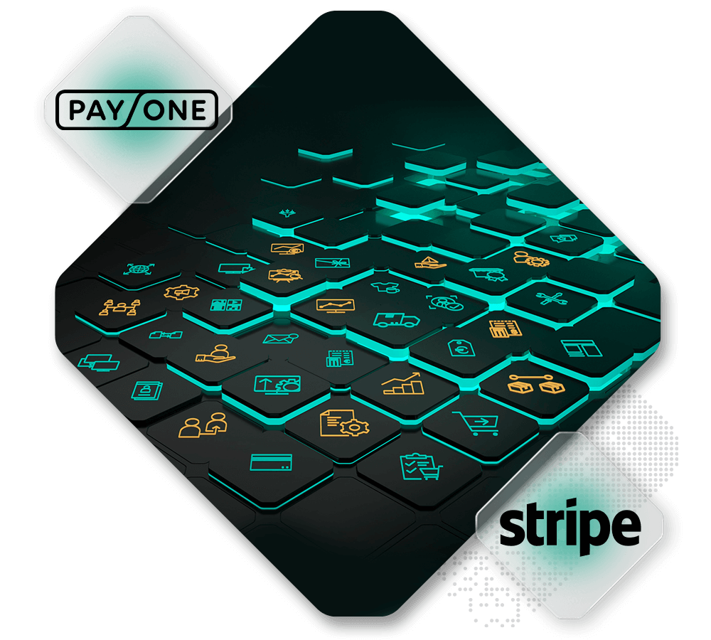 Digital illustration of a geometric platform with glowing tech icons, highlighting the latest Spryker product release. It features a "Pay/One" label and a "Stripe" label on separate diamond shapes, symbolizing innovation in digital transactions.