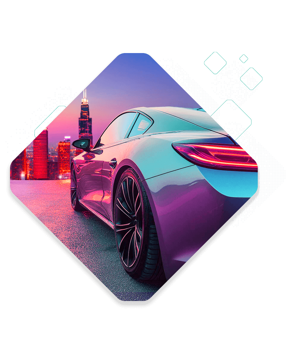 A sleek, modern sports car with illuminated taillights is parked against a cityscape backdrop at sunset, subtly reflecting the innovative commerce solutions reshaping the automotive landscape within the vibrant urban skyline.