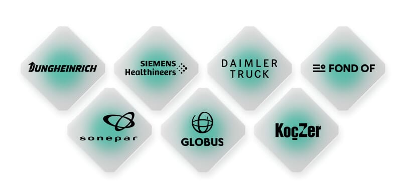 Logos of Jungheinrich, Siemens Healthineers, Daimler Truck, Fond Of, Sonepar, Globus, Koerber, and Spryker on a gradient background.