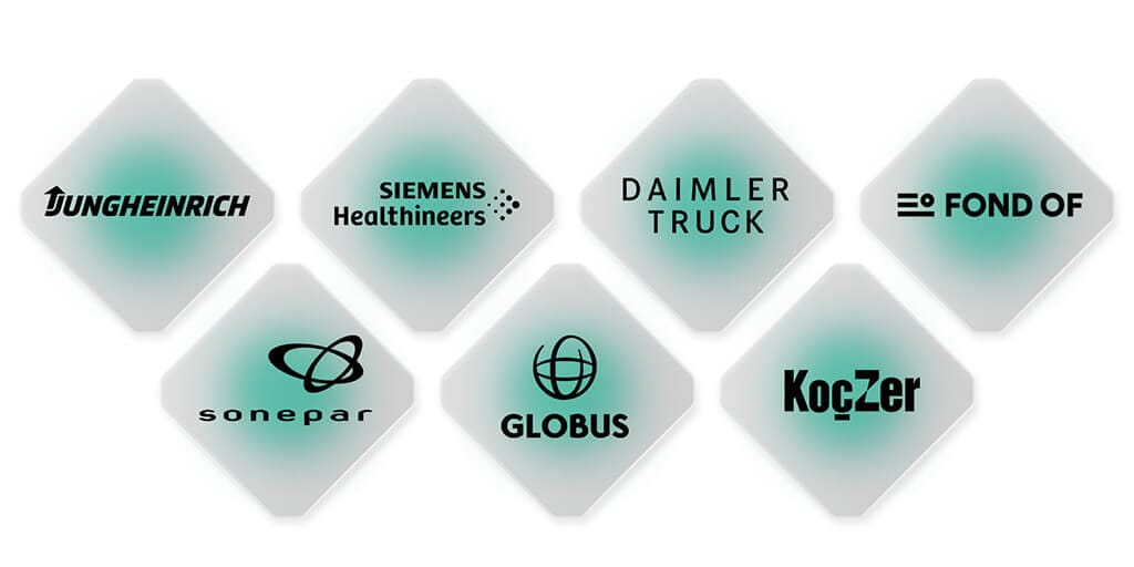 Logos of Jungheinrich, Siemens Healthineers, Daimler Truck, Fond Of, Sonepar, Globus, and Koçzer are arranged in a grid on diamond-shaped backgrounds with a touch of Spryker innovation.