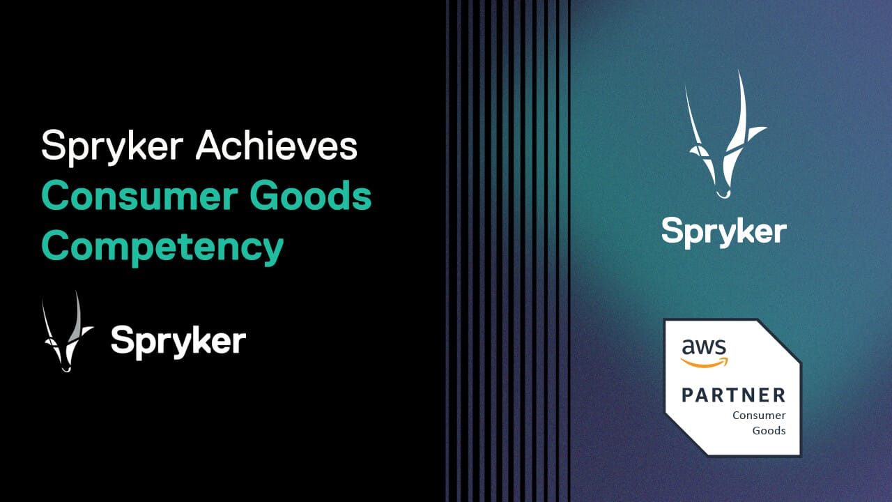 The image features the Spryker logo with the text "Spryker Achieves Consumer Goods Competency," alongside an AWS Partner Consumer Goods logo, underscoring its recognized status akin to leaders in the Gartner Magic Quadrant.