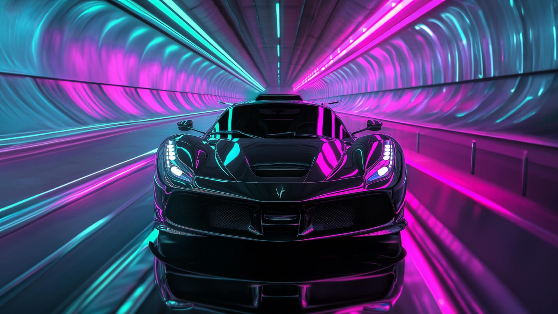 A sleek sports car glides through a neon-lit tunnel, with pink and blue lights reflecting off its surface, showcasing expert craftsmanship.