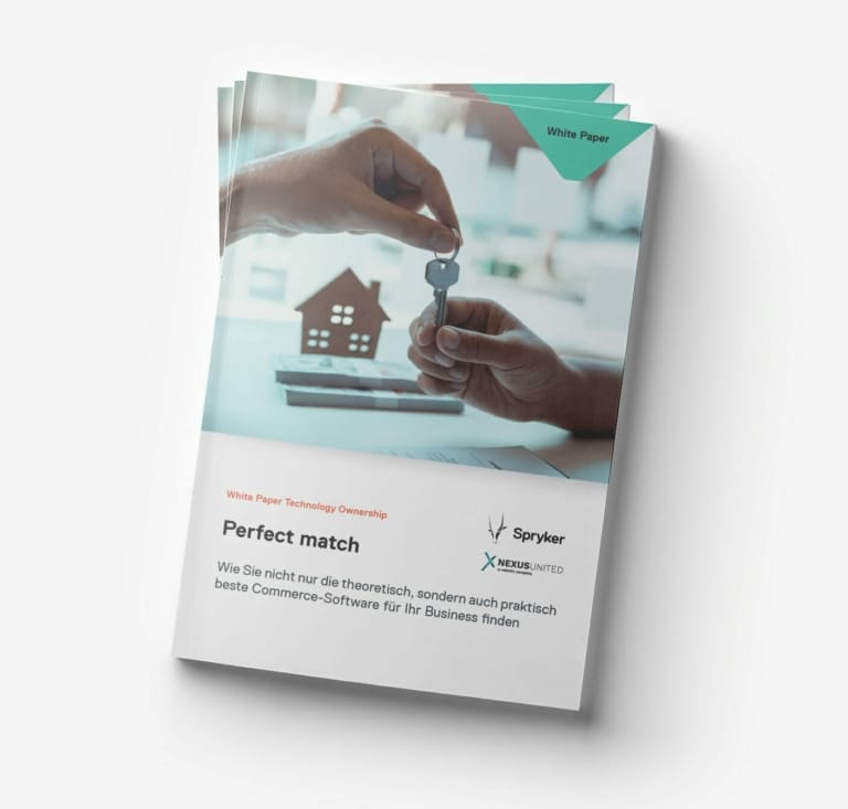 Close-up of a brochure titled "Perfect match" featuring hands passing a house key. The brochure highlights finding the best commerce software for a business, including options like SAP. Logos for Spryker and Nexus United are visible.