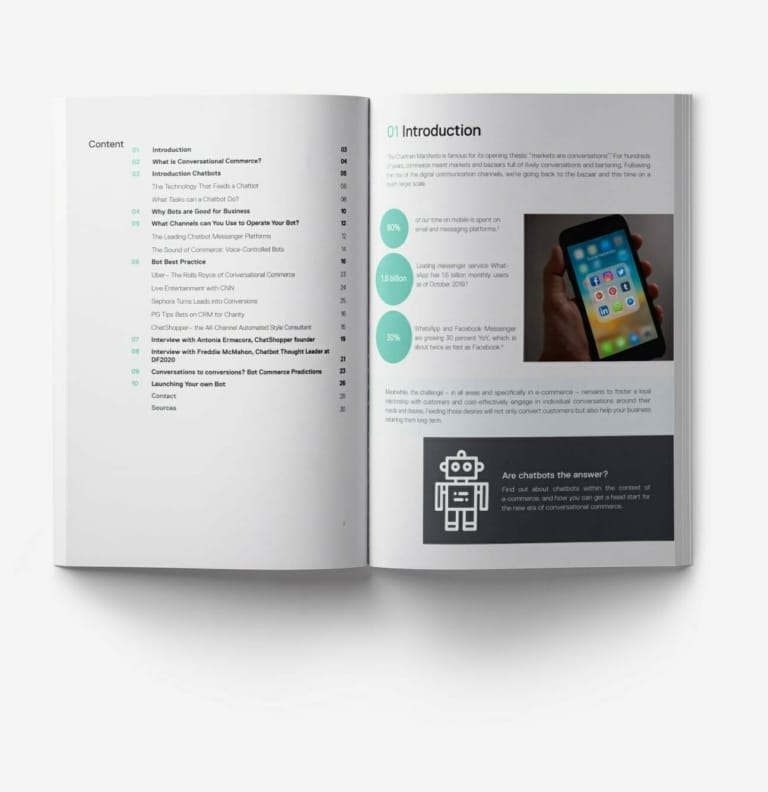 Open book displaying a table of contents on the left page and an introduction section with a smartphone image on the right page, highlighting the rise of conversational commerce.