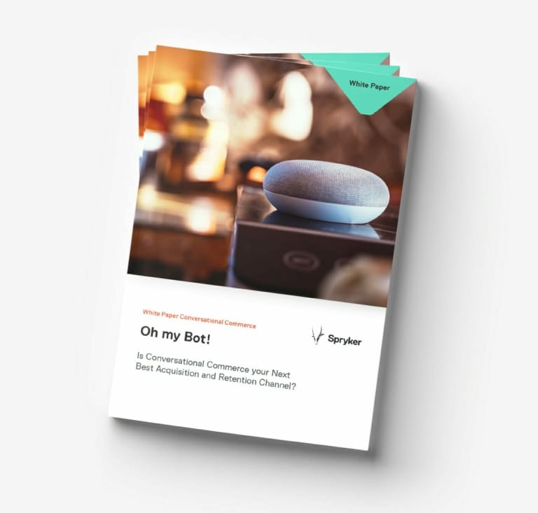 Image of a white paper about conversational commerce titled "Oh my Bot!" by Spryker. The cover features a smart speaker on a blurred background, highlighting it as a key acquisition channel.