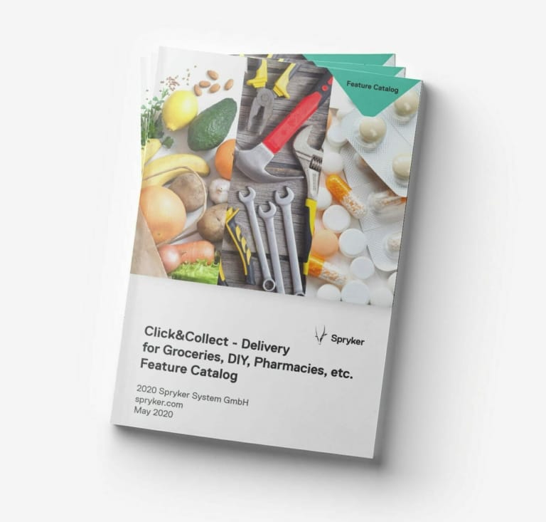 A catalog cover titled "Click&Collect - Delivery for Groceries, DIY, Pharmacies, etc. Feature Catalog" with images of tools, groceries, and pharmaceuticals. Published by Spryker System GmbH in May 2020.