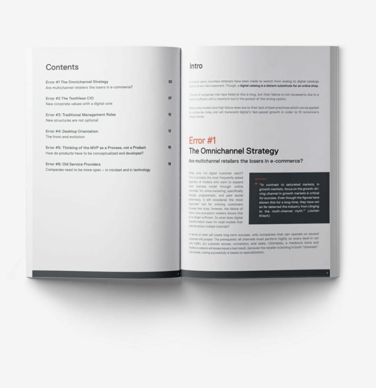 Open book displaying its contents on the left page and the beginning of an article titled "Error #1: The Omnichannel Strategy" on the right page, with introductory text and a highlighted section discussing solutions for rapidly changing markets.