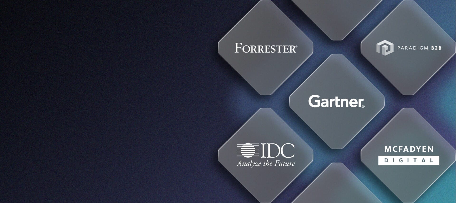 Logos of Forrester, Gartner, IDC, Paradigm B2B, and McFadyen Digital are proudly displayed on a gradient background, showcasing their analyst recognition.