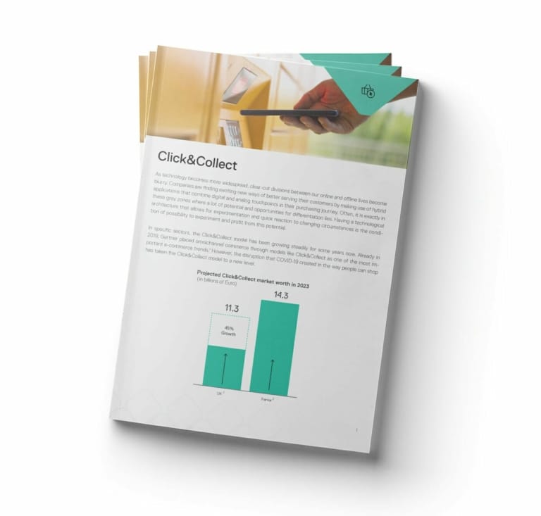 An open brochure on a white background displays the "click&collect" service. The text discusses its growth, and a bar chart shows the projected market worth for 2023.