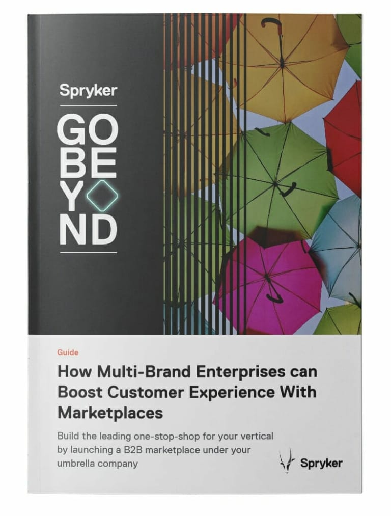 Cover of a guide titled "How Multi-Brand Enterprises can Boost Customer Experience With B2B Marketplaces" by Spryker, showing colorful umbrellas and the phrase "GO BEYOND.