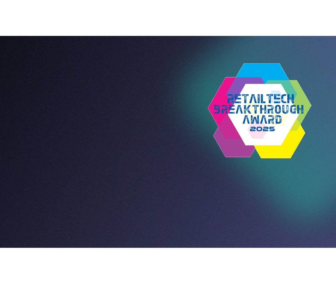 RetailTech Breakthrough Award 2025 logo featuring overlapping colorful hexagons on a dark gradient background, perfect for press releases and media announcements.