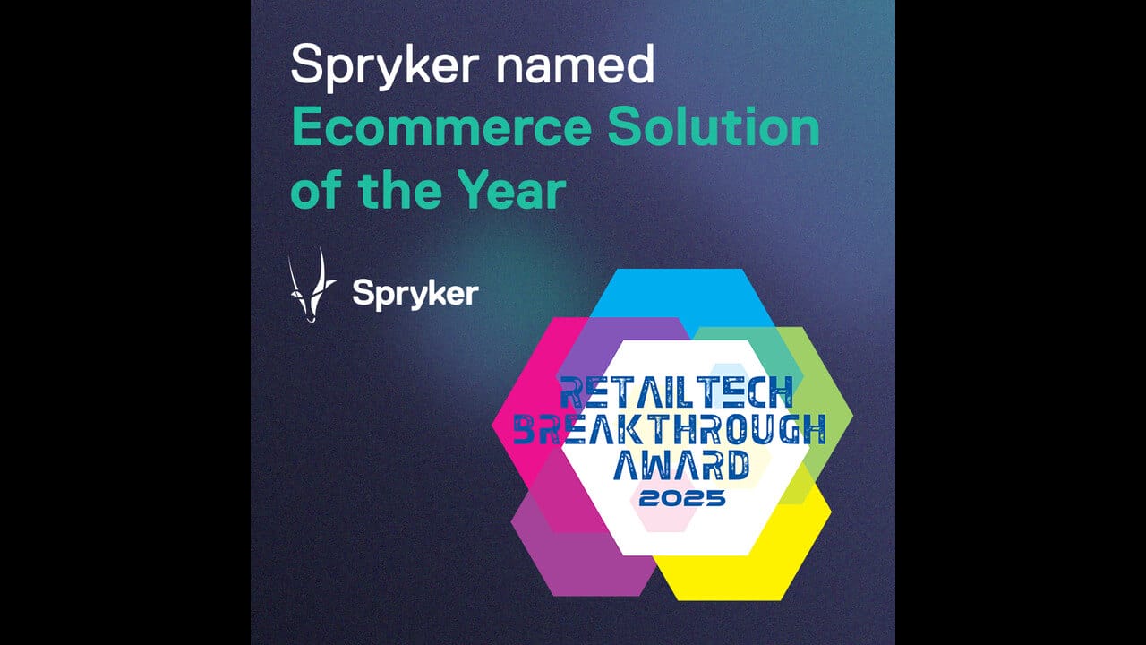 Spryker, recognized for its leadership, named Ecommerce Solution of the Year at the 2025 Retail Tech Breakthrough Awards, showcased with Spryker and award logos on a gradient background.