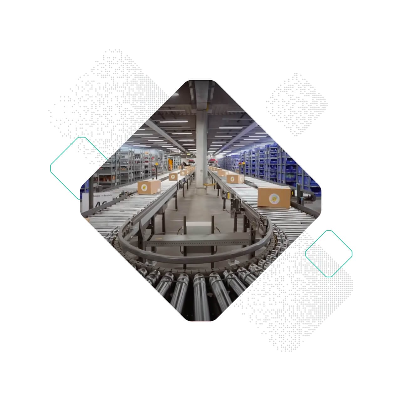 A modern warehouse with conveyor belts transporting cardboard boxes between industrial shelving units.