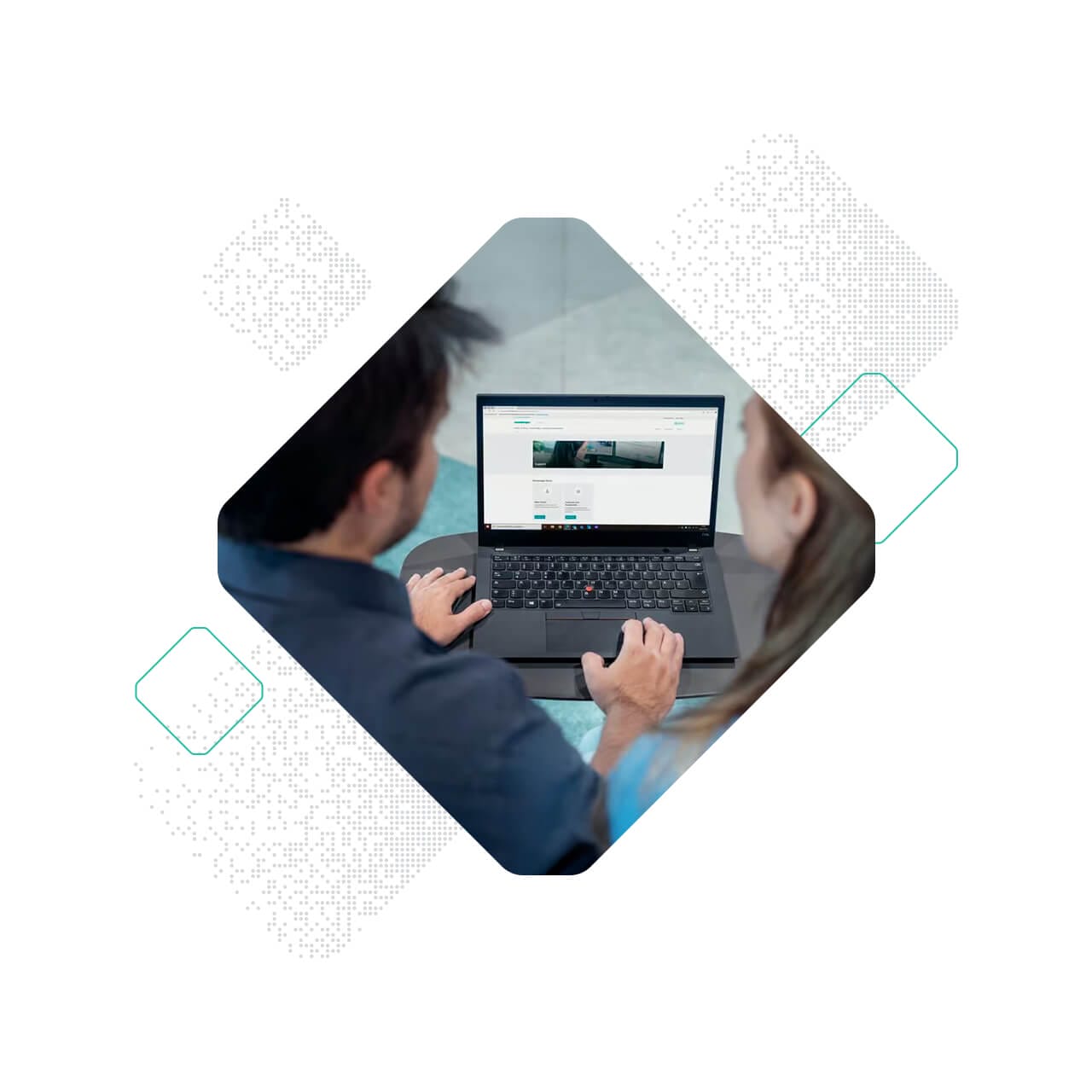 Two people view a laptop screen displaying the Meusburger website, seated together at a table, with abstract geometric graphics in the background.