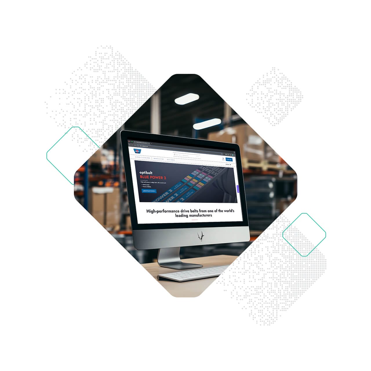 A computer monitor on a desk displays a website about high-performance silicon wafers, with optibelt packaging visible on warehouse shelves in the background.